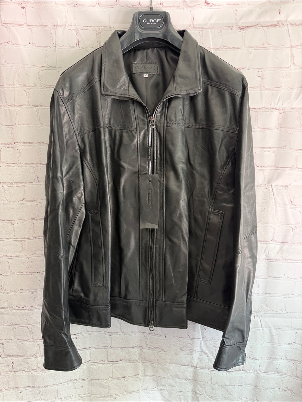Italian Leather Black Bomber Jacket with Zip Front By CURGÉ Mens size EU58 XXL